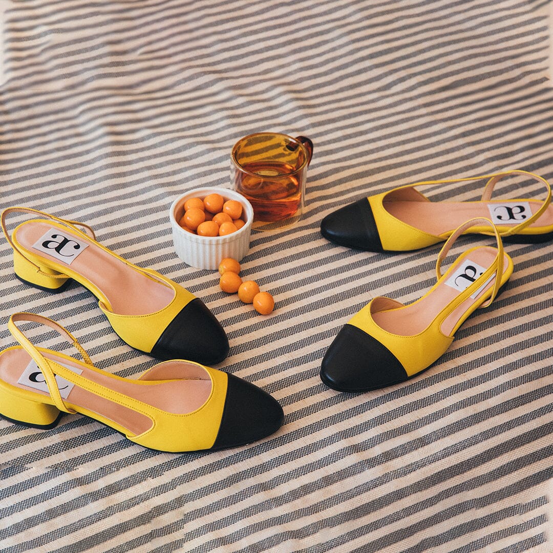 Chloe .5' Slingback Canary Yellow-Black Leather Flats andreacarrano