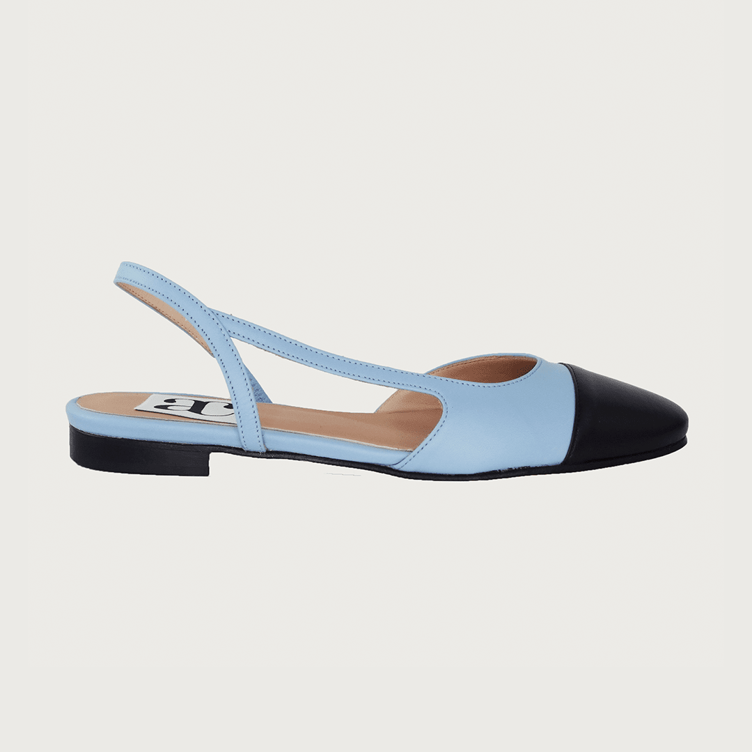 Chloe .5' Slingback Sky Blue-Black Leather Flats andreacarrano